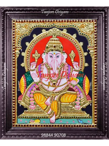 Ganesh Tanjore painting with gold foil relief work, seated Lord Ganesha in traditional Thanjavur art style